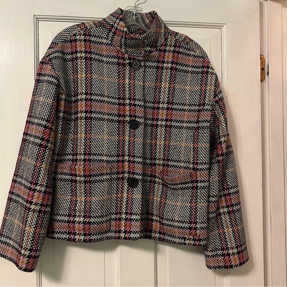 Halogen Black White Pink Plaid Cropped Coat